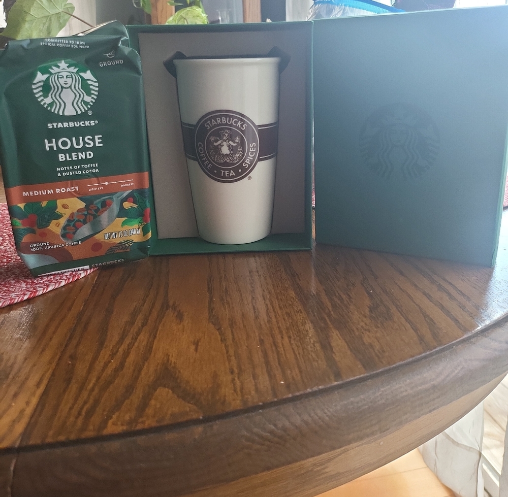 Starbucks White and Green Ceramic Tumbler with House Blend Coffee